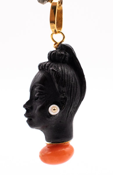 CORLETTO BLACKAMOOR 18 KT GOLD CARVED EBONY FACE WITH CORAL & SEED PEARLS