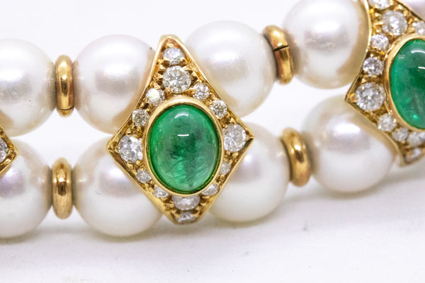FASANO ITALY PEARLS 18 KT CHOKER WITH 23.14 Cts EMERALD AND DIAMONDS