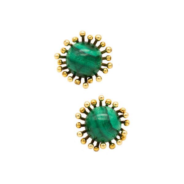 Stuart Devlin 1973 London Sculptural Modernist Earrings In 18Kt Yellow Gold With Malachite