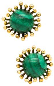 Stuart Devlin 1973 London Sculptural Modernist Earrings In 18Kt Yellow Gold With Malachite