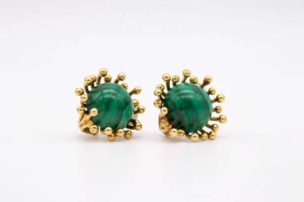 Stuart Devlin 1973 London Sculptural Modernist Earrings In 18Kt Yellow Gold With Malachite