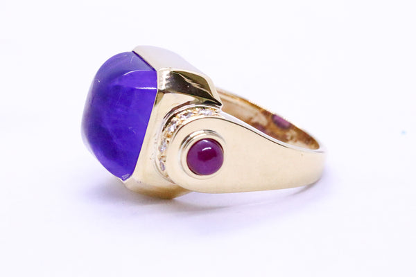 PIRAMIDE AMETHYST CABOCHON WITH RUBY 18 KT RING