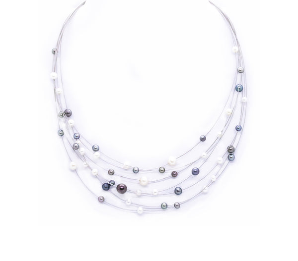 MODERN 14 KT NECKLACE WITH MULTI STRANDS OF BLACK & WHITE PEARLS