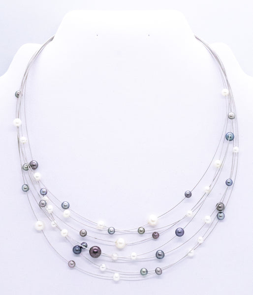 MODERN 14 KT NECKLACE WITH MULTI STRANDS OF BLACK & WHITE PEARLS