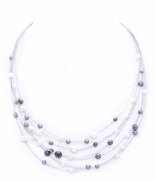 MODERN 14 KT NECKLACE WITH MULTI STRANDS OF BLACK & WHITE PEARLS