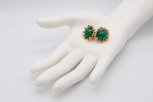 Stuart Devlin 1973 London Sculptural Modernist Earrings In 18Kt Yellow Gold With Malachite