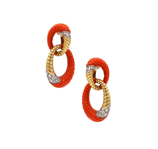 Andre Vassort 1960 Paris Drop Earrings In 18Kt Gold With 2.34 Cts In Diamonds & Corals