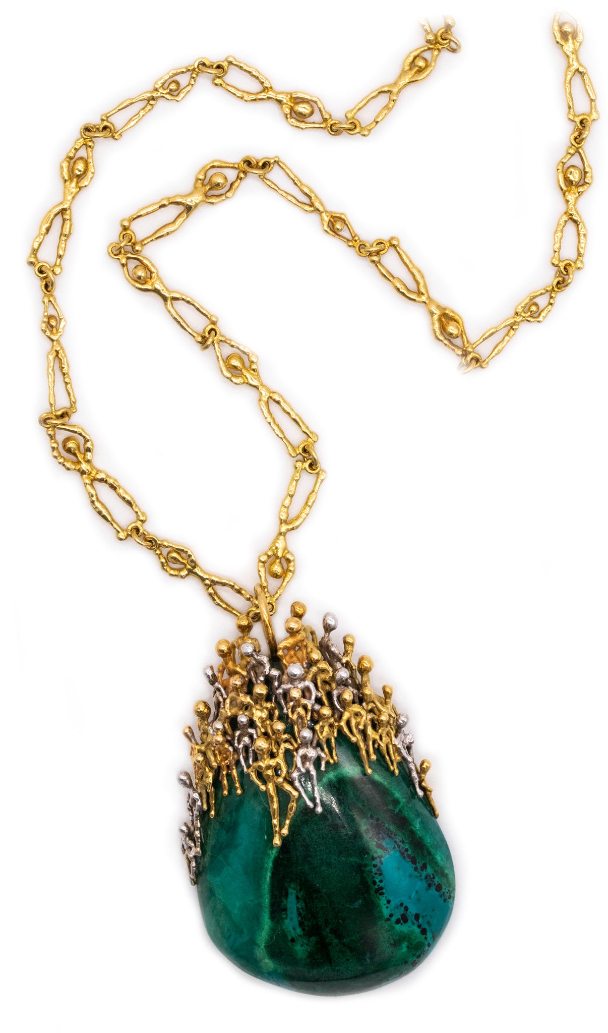 STUART DEVLIN 1973 LONDON RARE "PEOPLES" NECKLACE  IN 18 KT GOLD WITH AZUR-MALACHITE