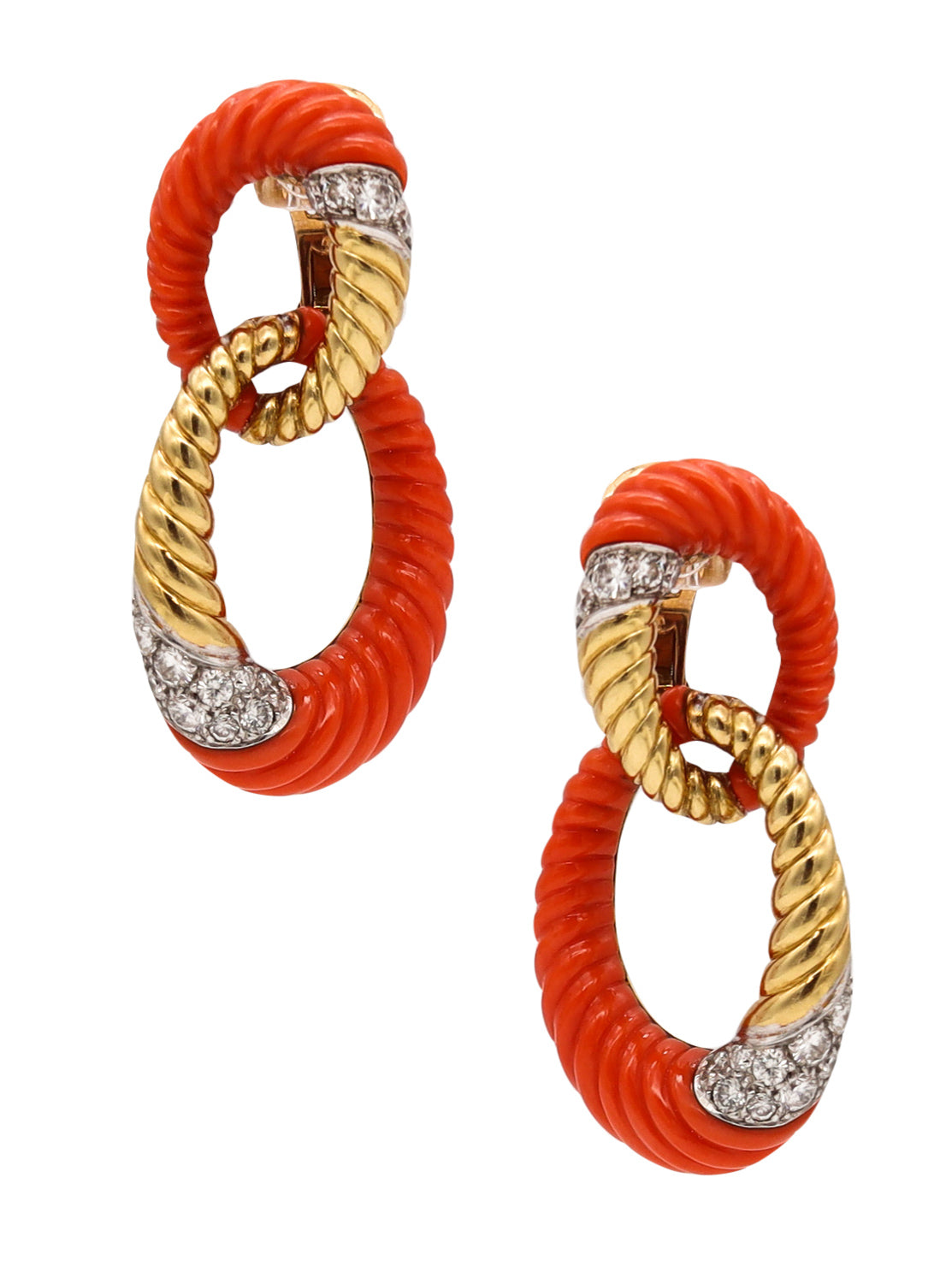 Andre Vassort 1960 Paris Drop Earrings In 18Kt Gold With 2.34 Cts In Diamonds & Corals