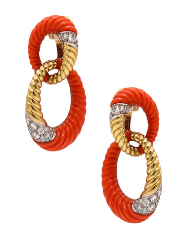 Andre Vassort 1960 Paris Drop Earrings In 18Kt Gold With 2.34 Cts In Diamonds & Corals