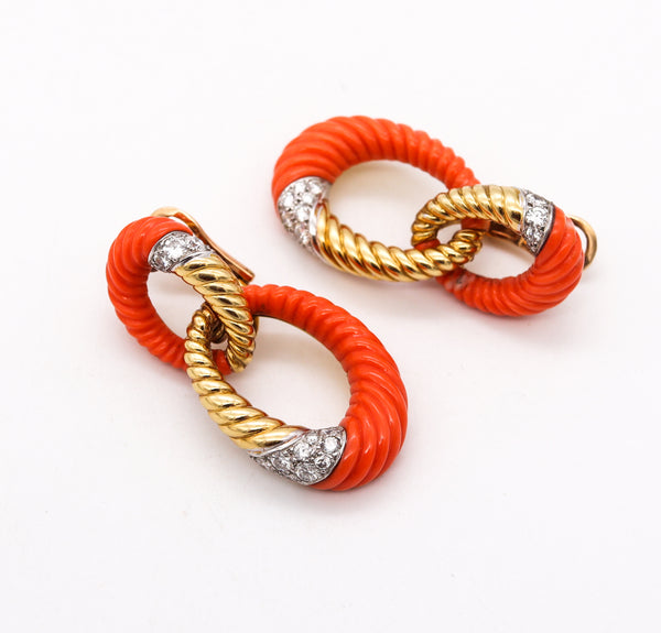 Andre Vassort 1960 Paris Drop Earrings In 18Kt Gold With 2.34 Cts In Diamonds & Corals