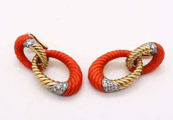 Andre Vassort 1960 Paris Drop Earrings In 18Kt Gold With 2.34 Cts In Diamonds & Corals