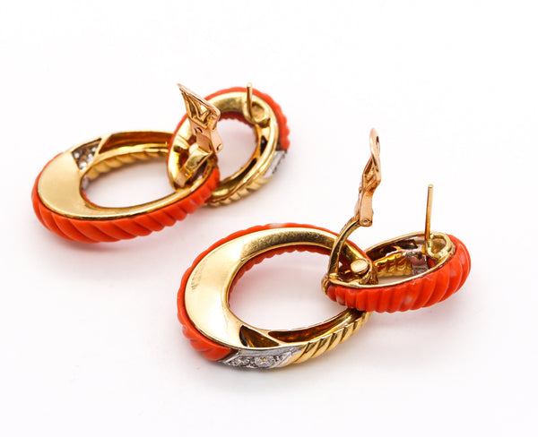 Andre Vassort 1960 Paris Drop Earrings In 18Kt Gold With 2.34 Cts In Diamonds & Corals