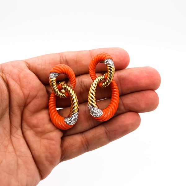 Andre Vassort 1960 Paris Drop Earrings In 18Kt Gold With 2.34 Cts In Diamonds & Corals