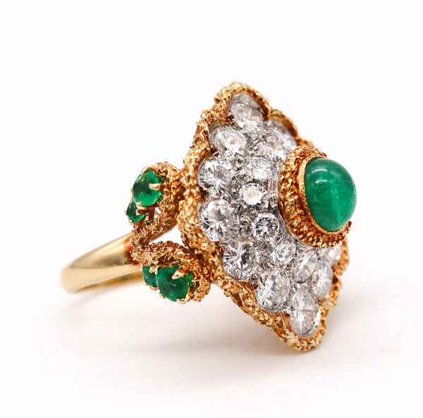 *Van Cleef & Arpels 1960 Paris Alhambra Cocktail Ring in 18Kt Platinum with 9.12 Cts in Diamonds & Emeralds