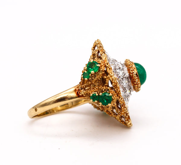 *Van Cleef & Arpels 1960 Paris Alhambra Cocktail Ring in 18Kt Platinum with 9.12 Cts in Diamonds & Emeralds