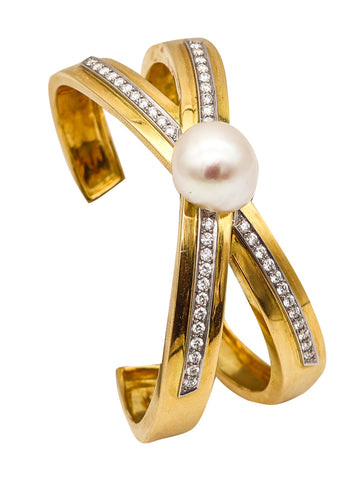 Tiffany And Co. 1985 Paloma Picasso Graffiti Cuff In 18Kt Gold Platinum With 3.08 Ctw Diamonds And Pearl