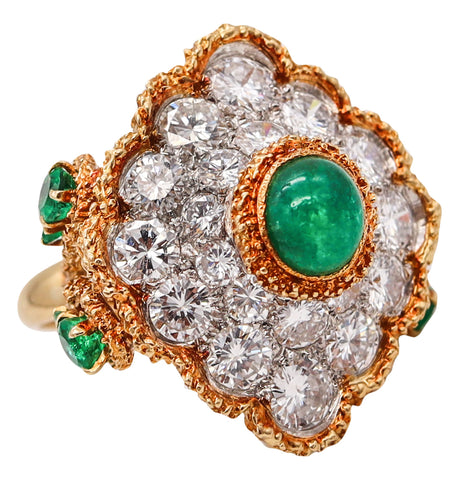 *Van Cleef & Arpels 1960 Paris Alhambra Cocktail Ring in 18Kt Platinum with 9.12 Cts in Diamonds & Emeralds