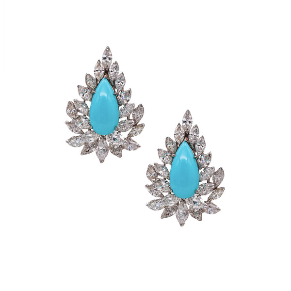 Turquoise Gem Cluster Clips Earrings in Platinum with 25.11 Cts In Diamonds And Turquoises