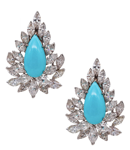 Turquoise Gem Cluster Clips Earrings in Platinum with 25.11 Cts In Diamonds And Turquoises