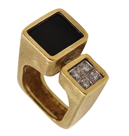 La Triomphe Geometric 1970 Cocktail Ring In 14Kt Gold With Diamonds And Black Onyx