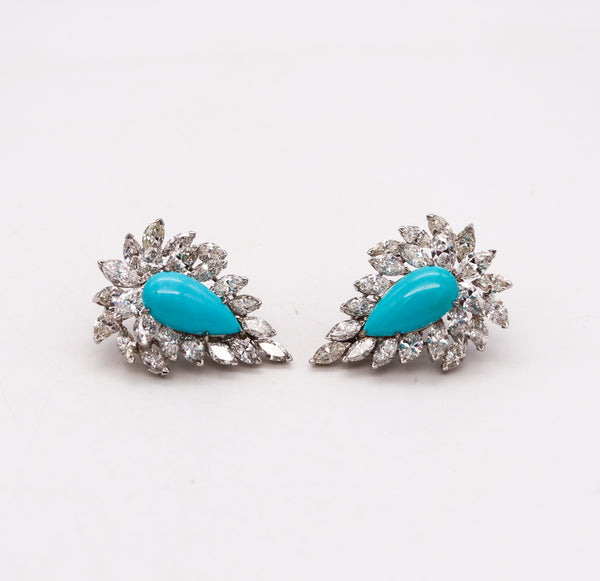 Turquoise Gem Cluster Clips Earrings in Platinum with 25.11 Cts In Diamonds And Turquoises