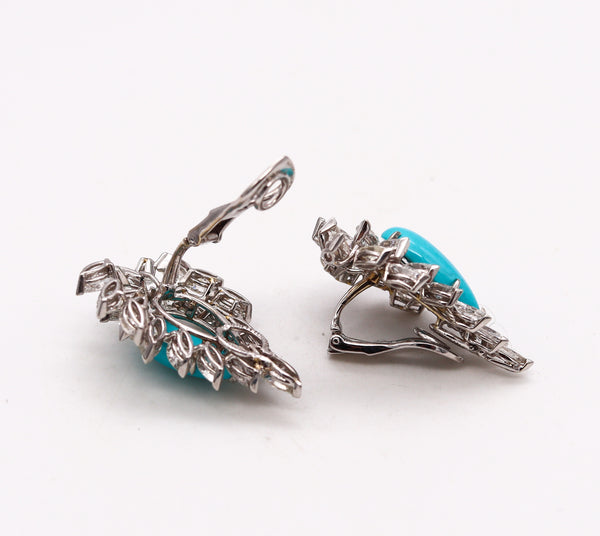 Turquoise Gem Cluster Clips Earrings in Platinum with 25.11 Cts In Diamonds And Turquoises