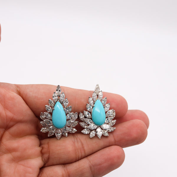 Turquoise Gem Cluster Clips Earrings in Platinum with 25.11 Cts In Diamonds And Turquoises