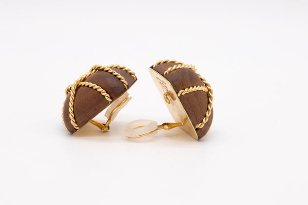 Seaman Schepps oversized ear clips in 18 kt gold with carvings of rose wood