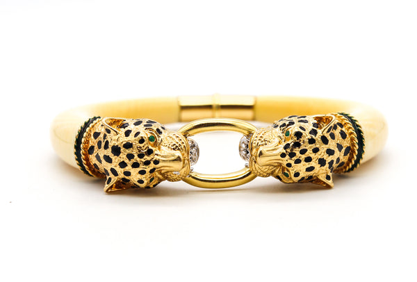 Gay Freres 1970 France Enameled Leopards Bracelet In 18Kt Gold With Emeralds & Coral