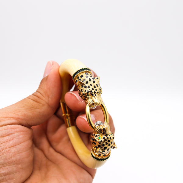 Gay Freres 1970 France Enameled Leopards Bracelet In 18Kt Gold With Emeralds & Coral
