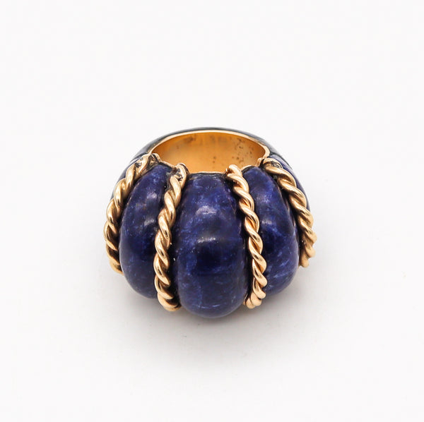 Seaman Schepps 1960 Shrimp Cocktail Ring In 18 Kt Gold With Fluted Lapis Lazuli