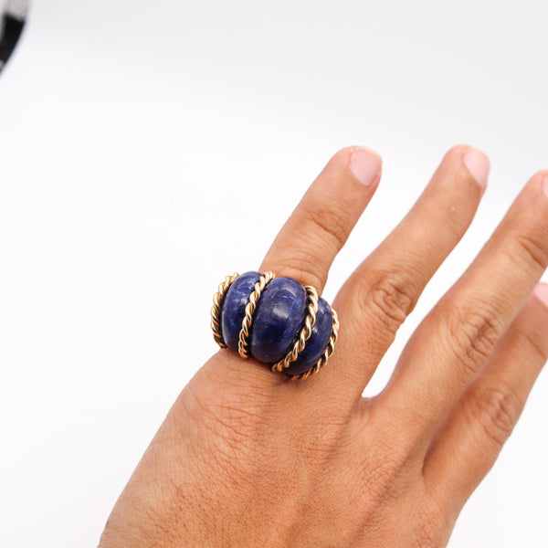 Seaman Schepps 1960 Shrimp Cocktail Ring In 18 Kt Gold With Fluted Lapis Lazuli