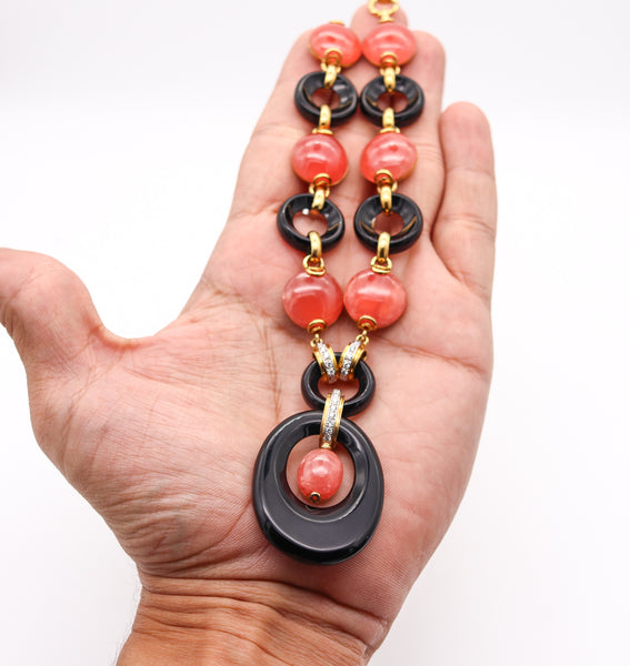 European 1970 Modernist Necklace In 18Kt Gold With 176.25 Ctw In Rhodochrosite And Diamonds