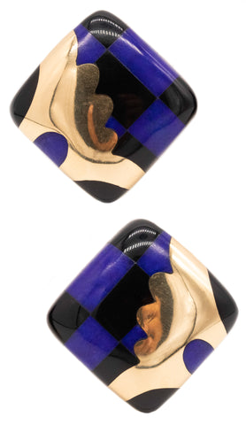 Tiffany Co. 1970 By Angela Cummings Geometric Earrings In 18Kt Gold With Inlaid Jade And Lapis