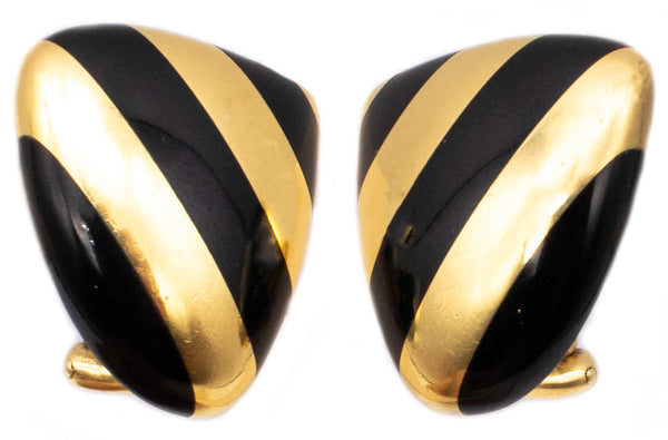 *Tiffany & Co 1970 Angela Cummings Stripes clips earrings in 18 kt yellow gold with black jade