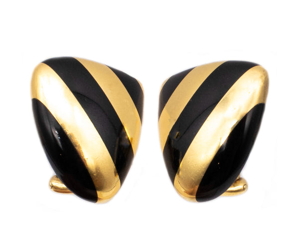 *Tiffany & Co 1970 Angela Cummings Stripes clips earrings in 18 kt yellow gold with black jade