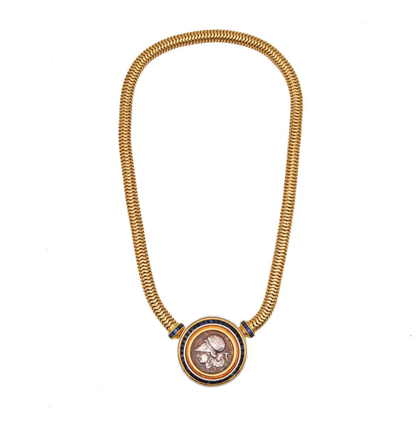 Hemmerle Munich 1970 Ancient Coin Necklace In 18Kt Gold And Platinum With 6.82 Cts Of Sapphires