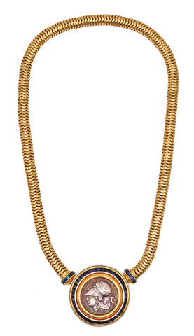 Hemmerle Munich 1970 Ancient Coin Necklace In 18Kt Gold And Platinum With 6.82 Cts Of Sapphires