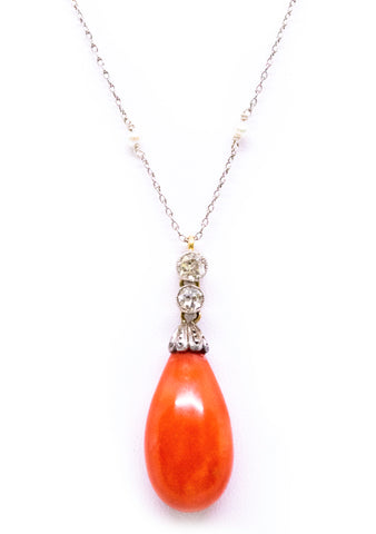 PLATINUM & 18 KT CORAL BRIOLETTE ANTIQUE NECKLACE WITH DIAMONDS