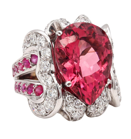 *Italian Cocktail Ring In 18kt White gold With 22.28 Cts In Diamonds Rubellite & Pink Sapphires