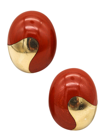 -Tiffany Co 1978 Angela Cummings Jasper Oval Clips Earrings In 18Kt Yellow Gold