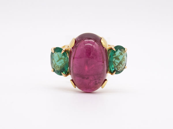 *Designer modern 18 kt cocktail ring with 46.09 Ctw in Rubellite & green tourmaline