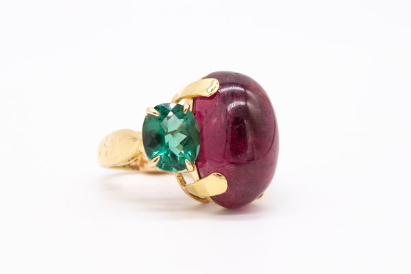 *Designer modern 18 kt cocktail ring with 46.09 Ctw in Rubellite & green tourmaline