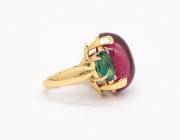 *Designer modern 18 kt cocktail ring with 46.09 Ctw in Rubellite & green tourmaline