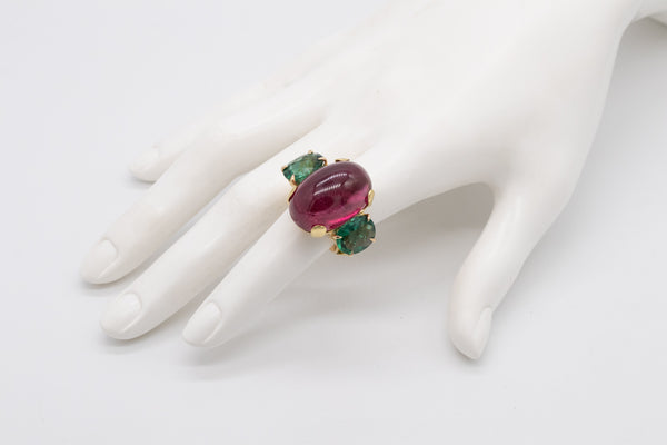 *Designer modern 18 kt cocktail ring with 46.09 Ctw in Rubellite & green tourmaline