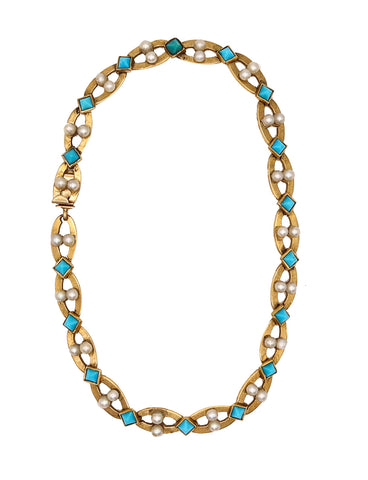 Cartier Paris 1950 George L'Enfant Bracelet In 18Kt Gold With Turquoises And Natural Pearls