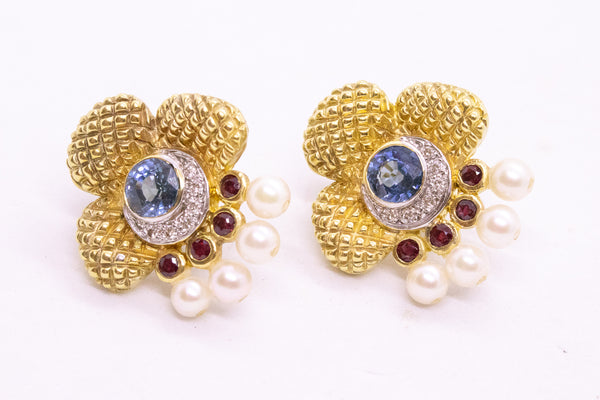 UNUSUAL 18 KT EARRINGS WITH 4.04 Ctw SAPPHIRE, RUBY & PEARLS