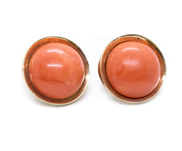 LARGE BUTTON VINTAGE 14 KT EARRINGS WITH PINK CORAL