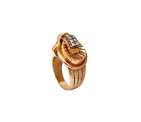 Deco Retro 1935 Geometric Cocktail Ring In 18Kt Gold And Platinum With Diamonds